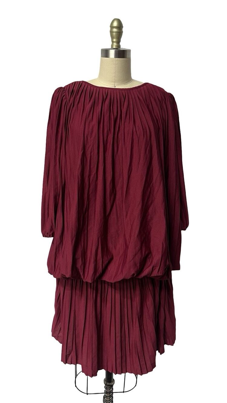 Vtg 1980s Dress Blouson Drop Waist Pleated Polyester Flowy Balloon Sleeve SZ L
